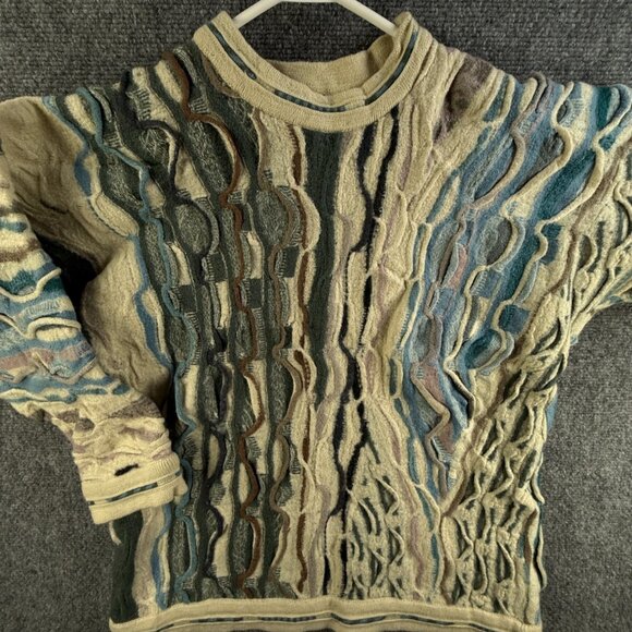 COOGI Australia Pure New Wool Crew Neck Sweater Intricate Knit Cables Ivory Blue - Picture 1 of 16